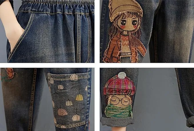 LAI MENG FIVE CATS Women Casual Jeans Denim Loose Pants Elastic Waist with Pocket