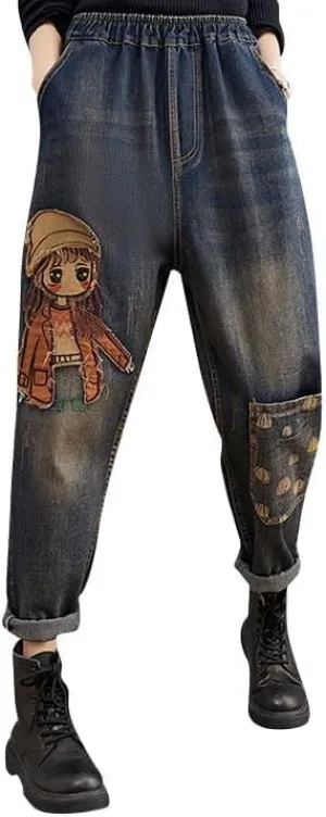 LAI MENG FIVE CATS Women Casual Jeans Denim Loose Pants Elastic Waist with Pocket
