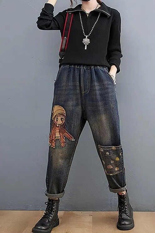 LAI MENG FIVE CATS Women Casual Jeans Denim Loose Pants Elastic Waist with Pocket