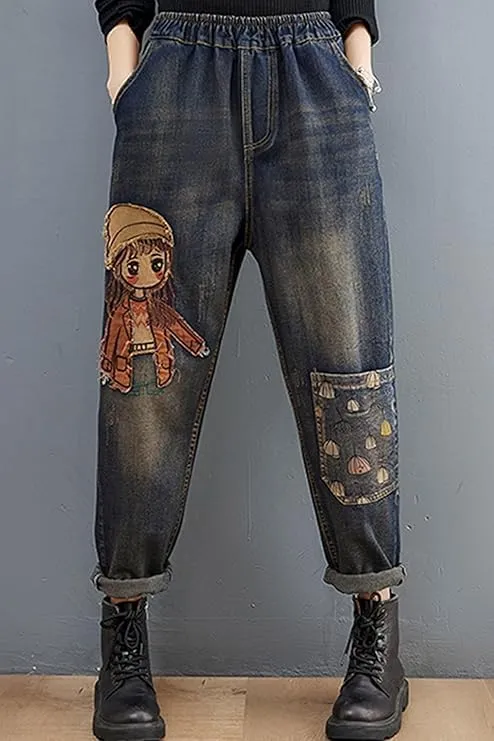 LAI MENG FIVE CATS Women Casual Jeans Denim Loose Pants Elastic Waist with Pocket