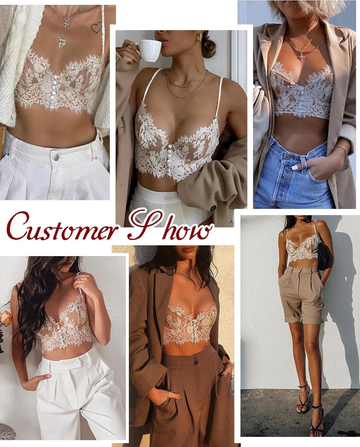 LINGERLOVE Lace Bralettes for Women Low-Necked Camisoles Lingerie Adjustable Strap Double-Layered Crop Tank Top