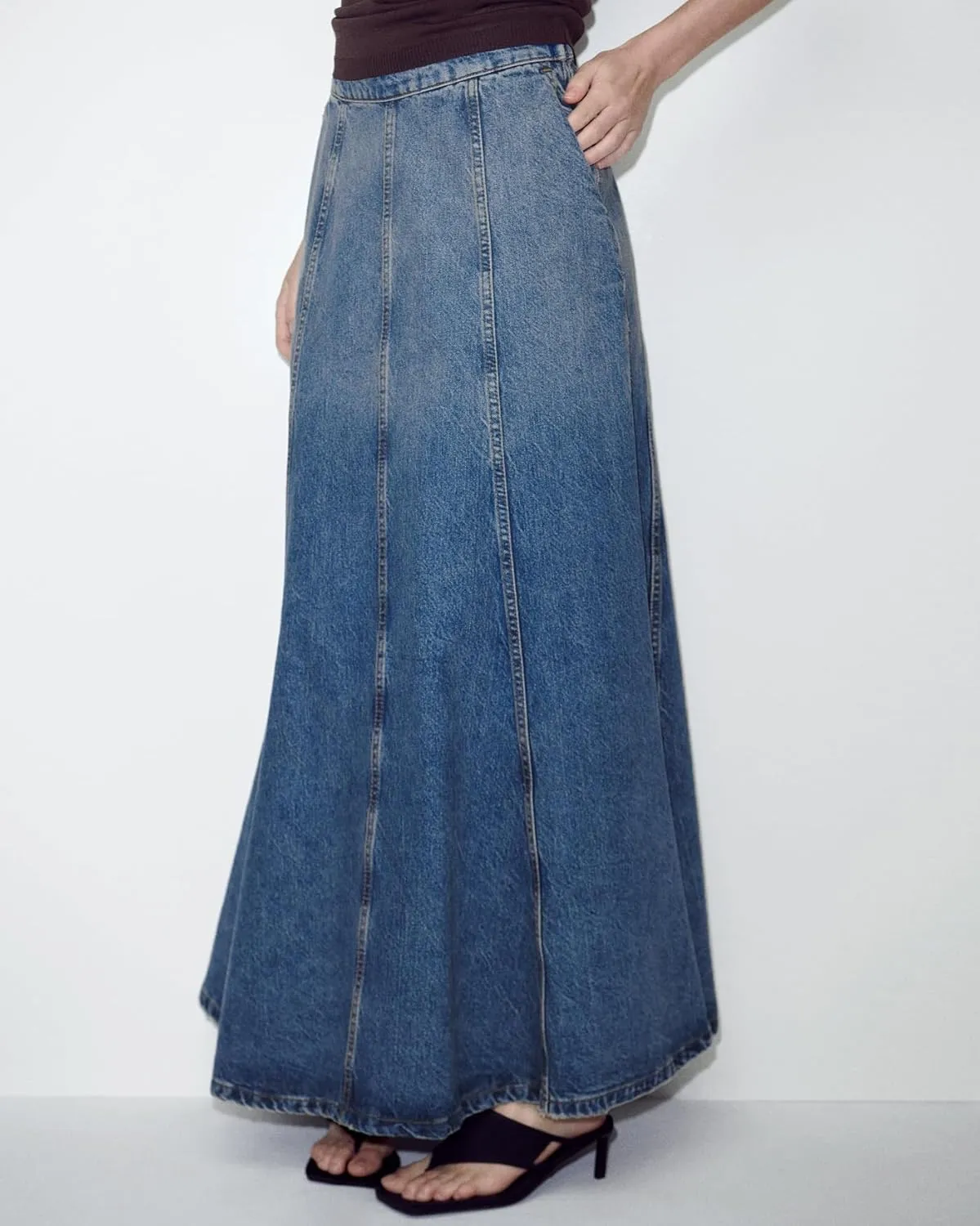 Long Denim Skirts for Women Floor Length A Line Flared Maxi Jean Skirts with Pockets