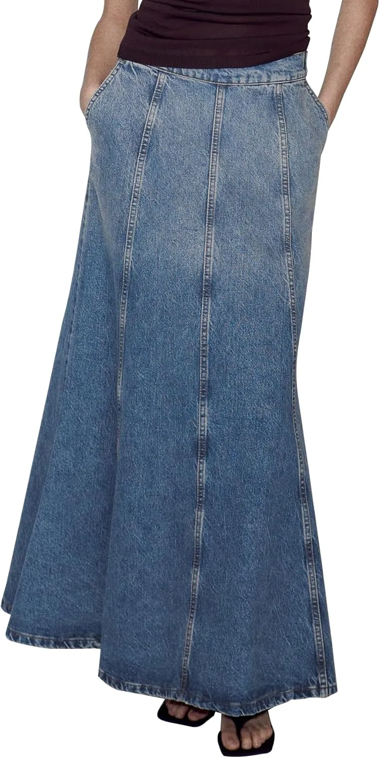 Long Denim Skirts for Women Floor Length A Line Flared Maxi Jean Skirts with Pockets