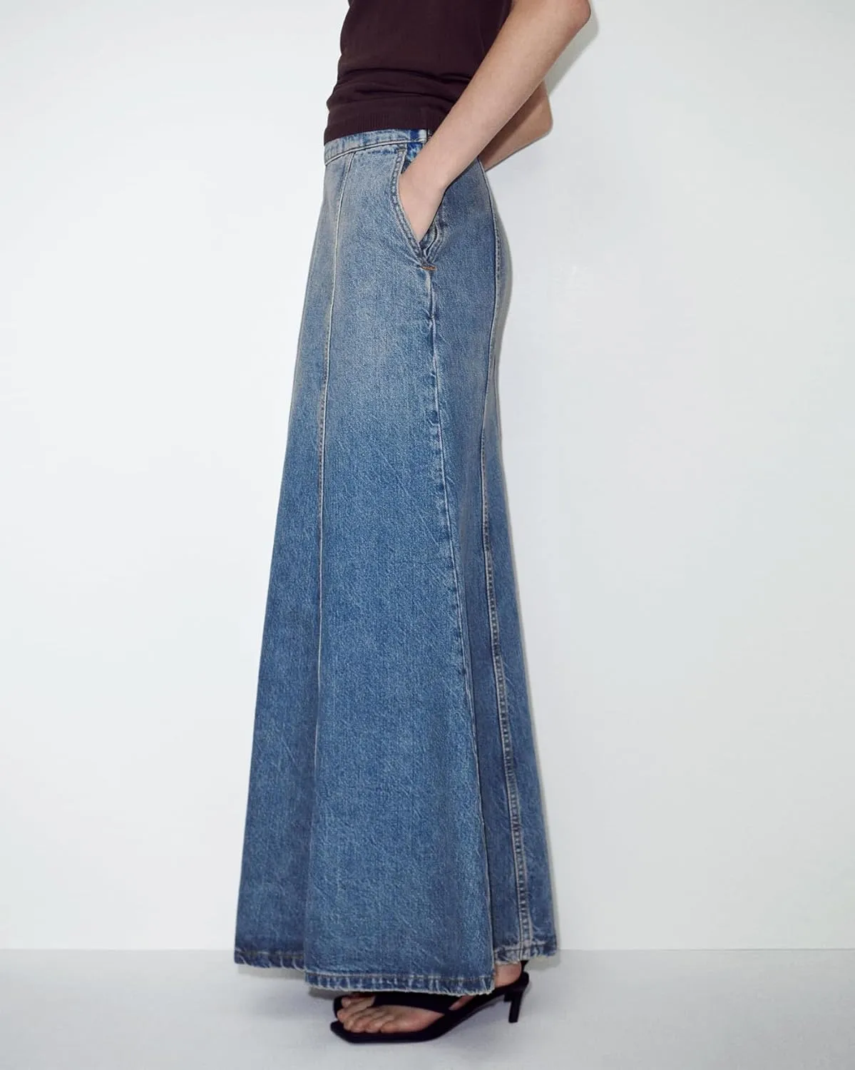 Long Denim Skirts for Women Floor Length A Line Flared Maxi Jean Skirts with Pockets