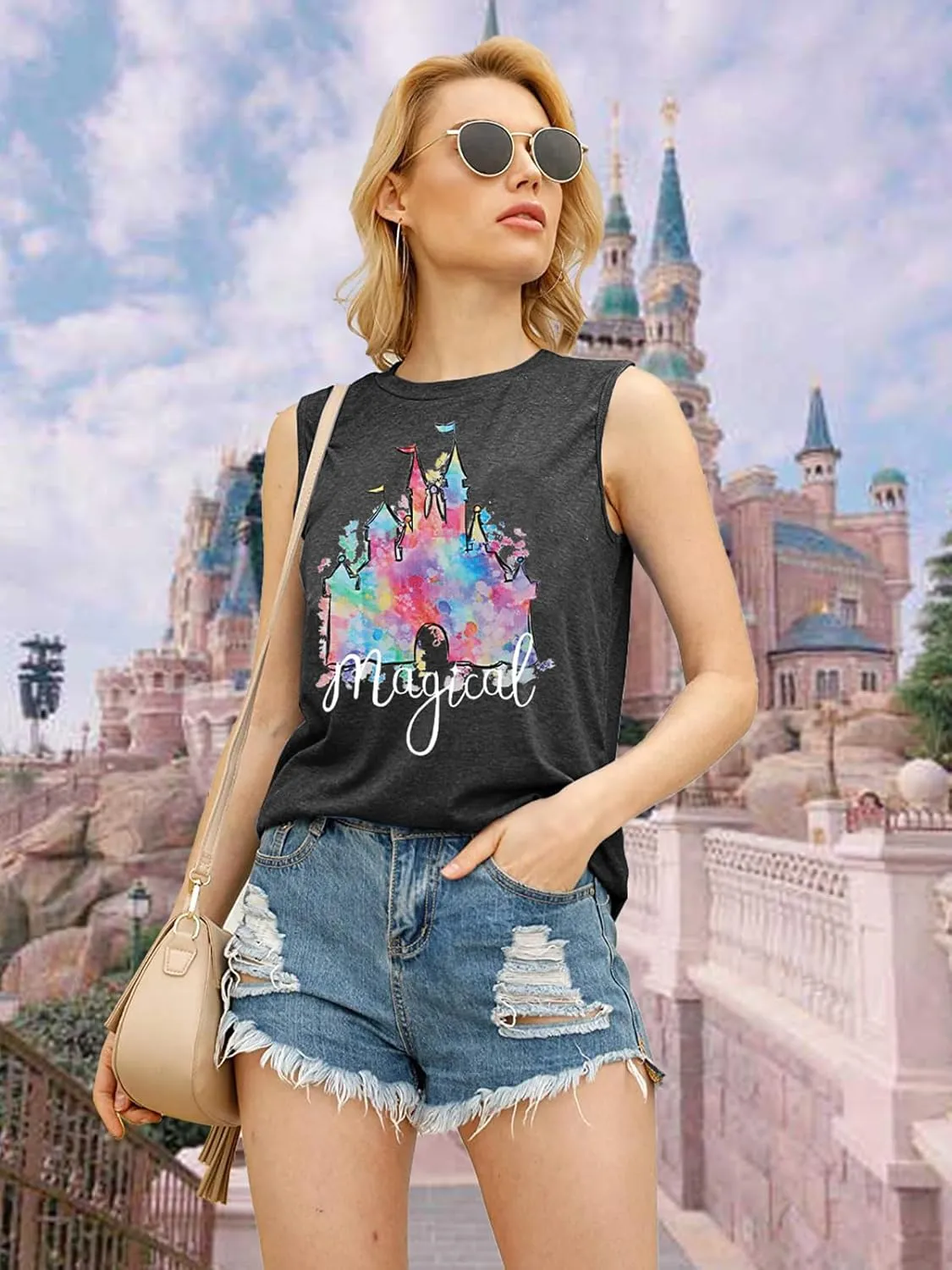 LUKYCILD Magic Castle Tank Top Women Magic Kingdom Shirts Graphic Tanks Summer Holiday Vacation Sleeveless Tops