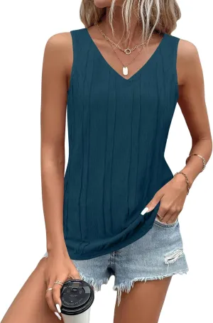 LUYAA Women's Summer V Neck Tank Tops Casual Textured Sleeveless Shirts Loose Basic Tanks