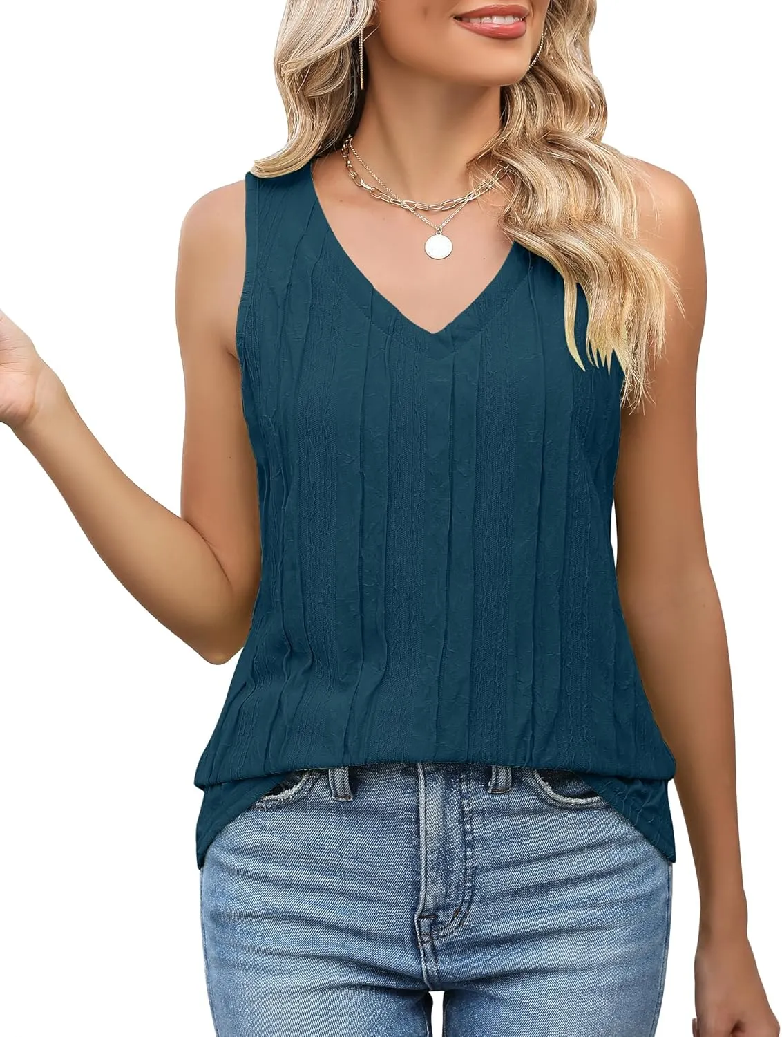 LUYAA Women's Summer V Neck Tank Tops Casual Textured Sleeveless Shirts Loose Basic Tanks