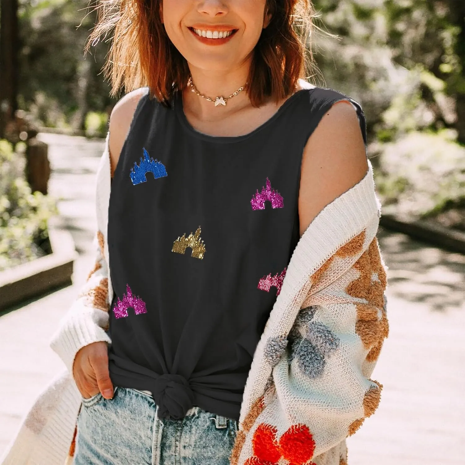 Magic Kingdom Tanks for Women Sequin Shirts Colorful Castle Graphic Sleveless Top Holiday Vacation Tank Tops