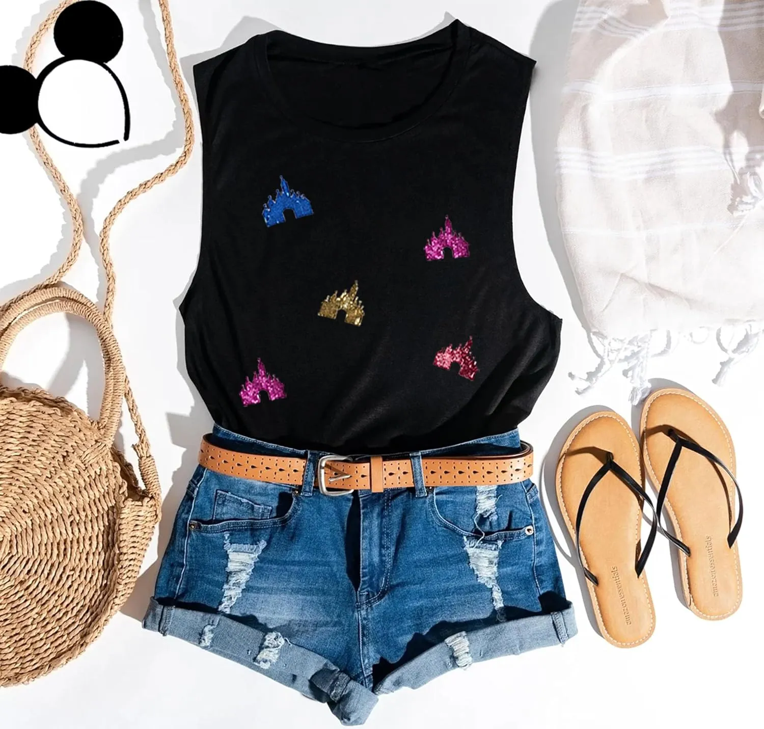 Magic Kingdom Tanks for Women Sequin Shirts Colorful Castle Graphic Sleveless Top Holiday Vacation Tank Tops