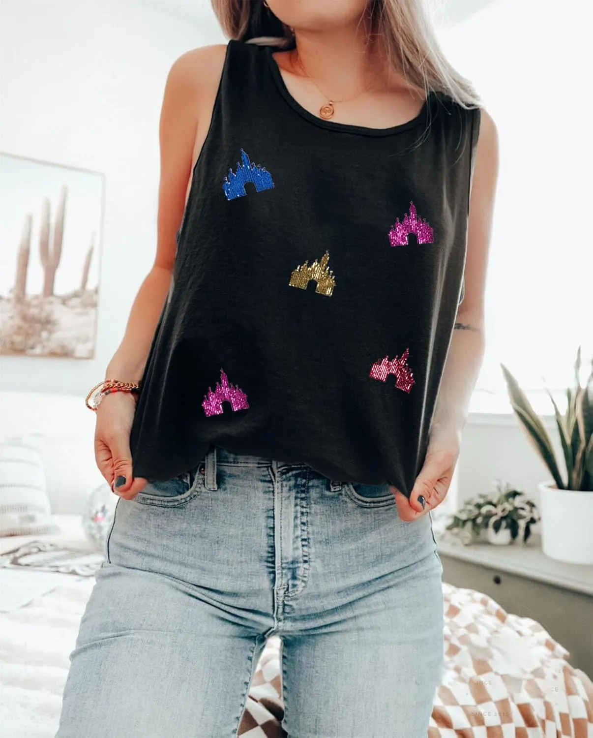 Magic Kingdom Tanks for Women Sequin Shirts Colorful Castle Graphic Sleveless Top Holiday Vacation Tank Tops