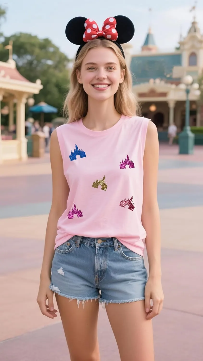 Magic Kingdom Tanks for Women Sequin Shirts Colorful Castle Graphic Sleveless Top Holiday Vacation Tank Tops