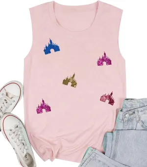 Magic Kingdom Tanks for Women Sequin Shirts Colorful Castle Graphic Sleveless Top Holiday Vacation Tank Tops