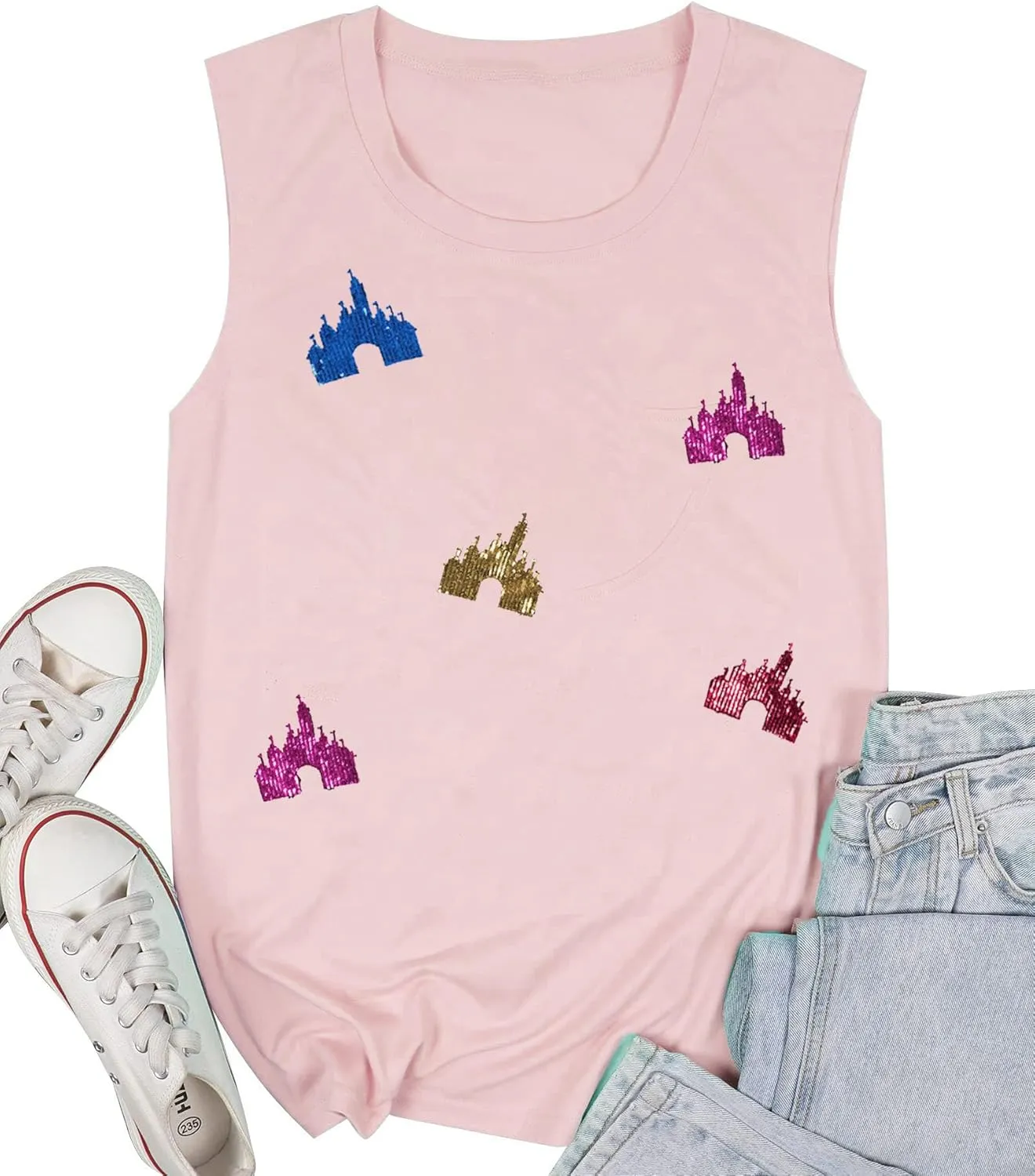 Magic Kingdom Tanks for Women Sequin Shirts Colorful Castle Graphic Sleveless Top Holiday Vacation Tank Tops