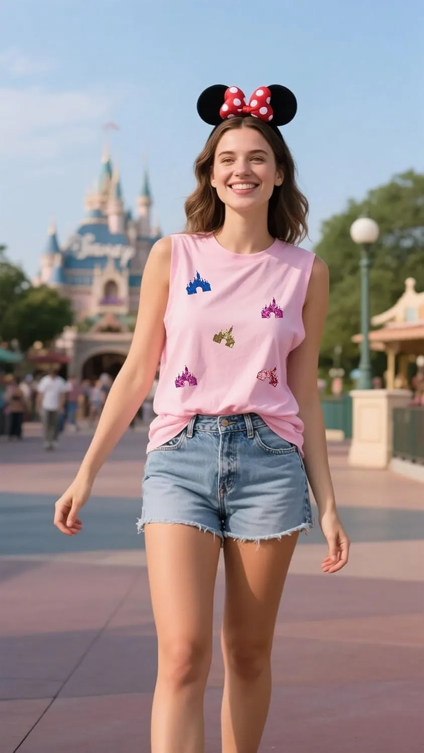 Magic Kingdom Tanks for Women Sequin Shirts Colorful Castle Graphic Sleveless Top Holiday Vacation Tank Tops