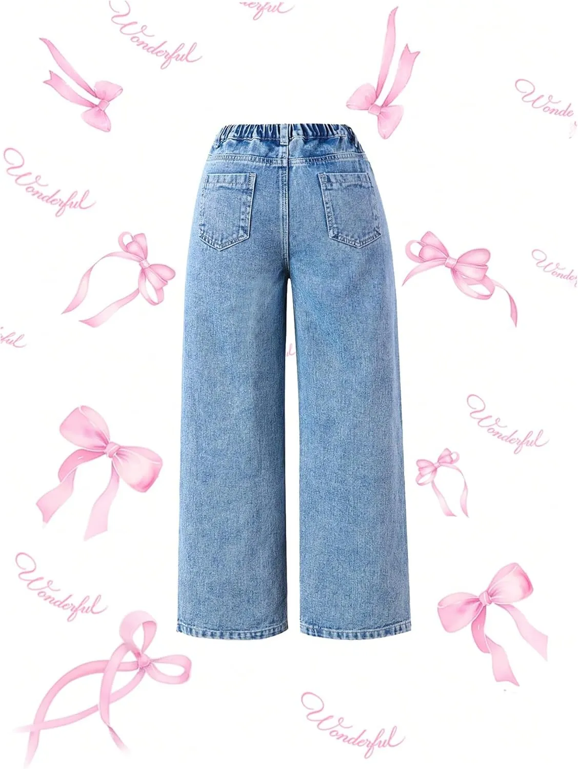 MakeMeChic Girl's Bow Knot Print Straight Leg Loose Fit Zip Fly Cute Jeans Denim Pants