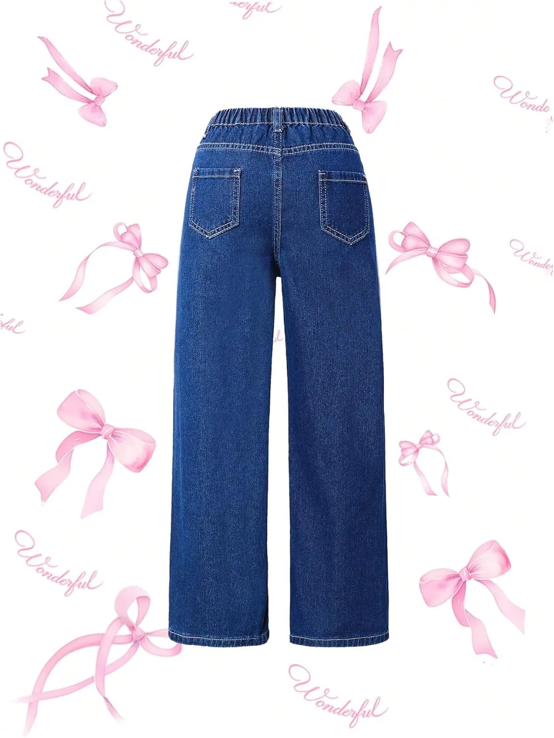 MakeMeChic Girl's Bow Knot Print Straight Leg Loose Fit Zip Fly Cute Jeans Denim Pants