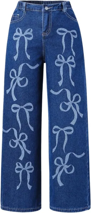 MakeMeChic Girl's Bow Knot Print Straight Leg Loose Fit Zip Fly Cute Jeans Denim Pants