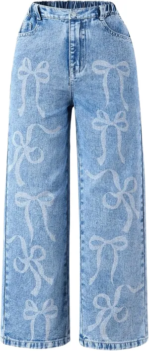 MakeMeChic Girl's Bow Knot Print Straight Leg Loose Fit Zip Fly Cute Jeans Denim Pants