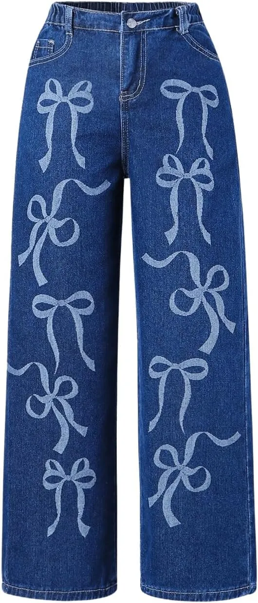 MakeMeChic Girl's Bow Knot Print Straight Leg Loose Fit Zip Fly Cute Jeans Denim Pants