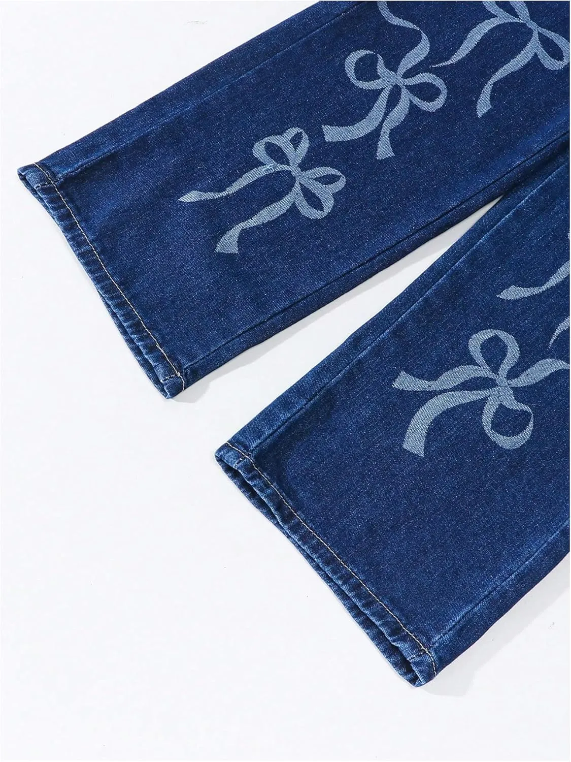 MakeMeChic Girl's Bow Knot Print Straight Leg Loose Fit Zip Fly Cute Jeans Denim Pants