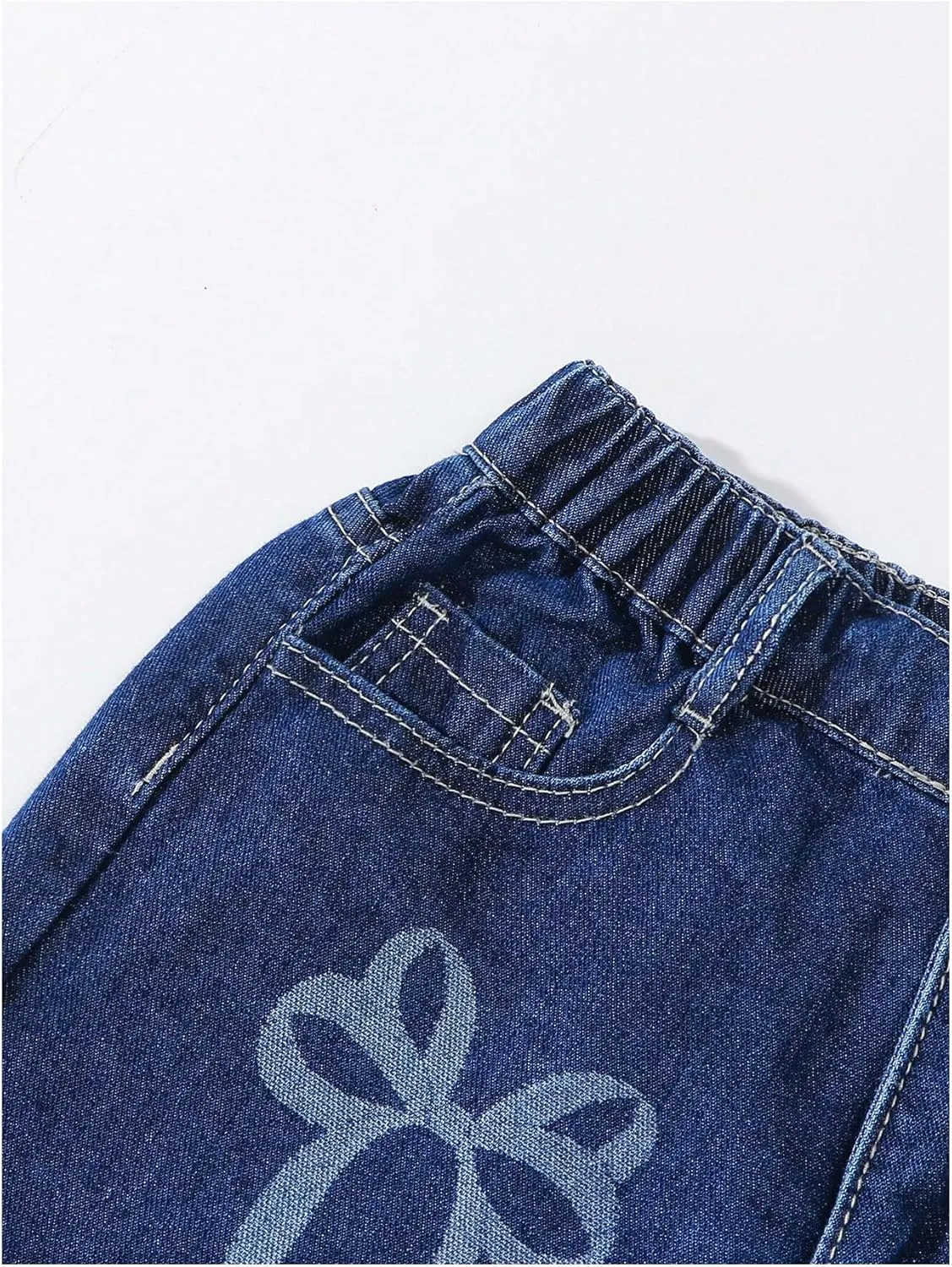 MakeMeChic Girl's Bow Knot Print Straight Leg Loose Fit Zip Fly Cute Jeans Denim Pants