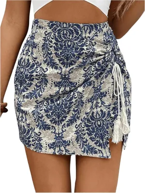 MakeMeChic Women's Boho Floral Print Shorts Ruched Tassel Wrap Asymmetrical Summer Skorts