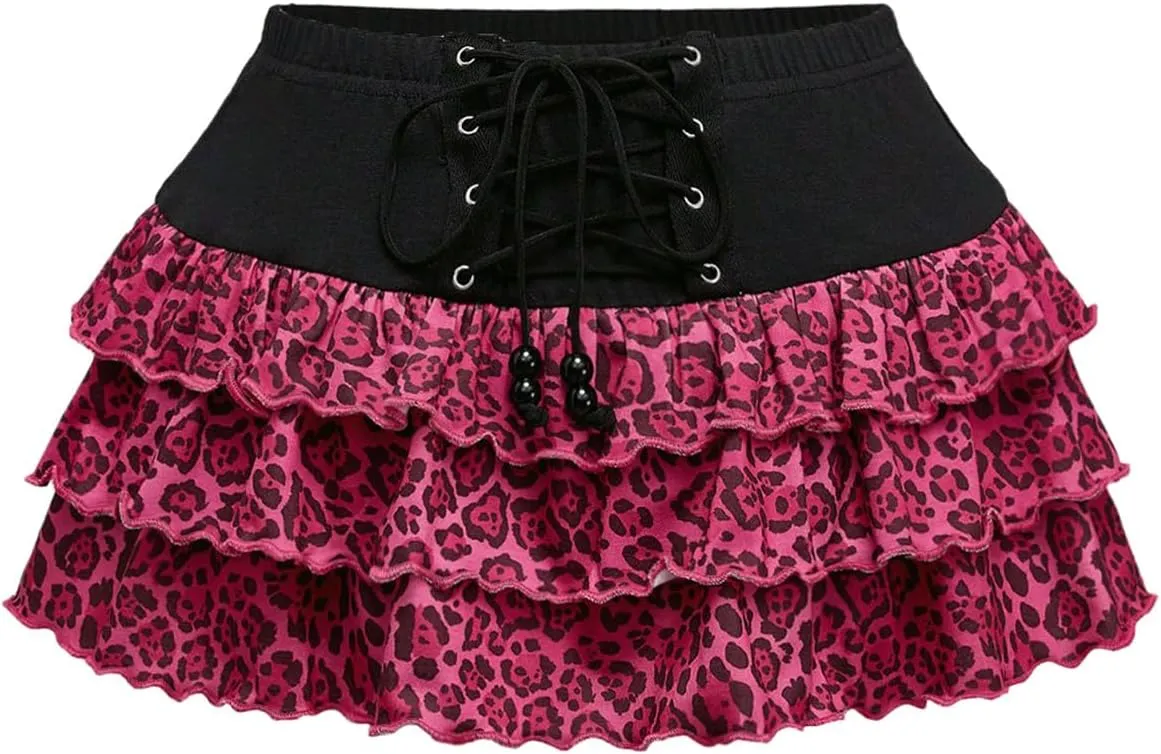 MakeMeChic Women's Cheetah Print Mini Skirt Lace Up Tiered Ruffle Flowy Y2k Skorts
