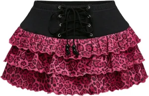 MakeMeChic Women's Cheetah Print Mini Skirt Lace Up Tiered Ruffle Flowy Y2k Skorts