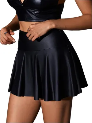 MakeMeChic Women's Faux Leather Skirt Y2K Mini Skirt Elastic High Waist A Line Flowy Skort Shorts