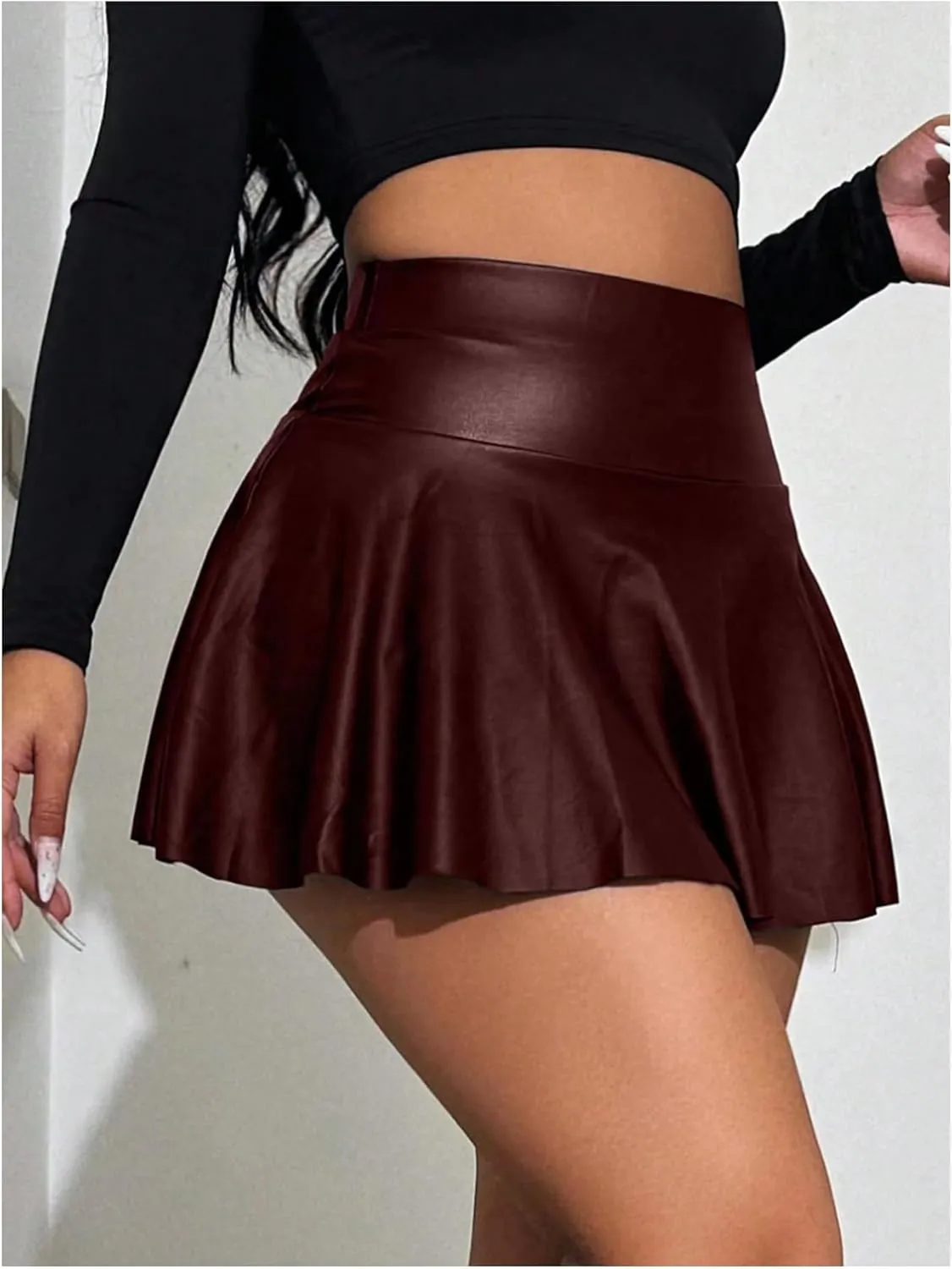 MakeMeChic Women's Faux Leather Skirt Y2K Mini Skirt Elastic High Waist A Line Flowy Skort Shorts