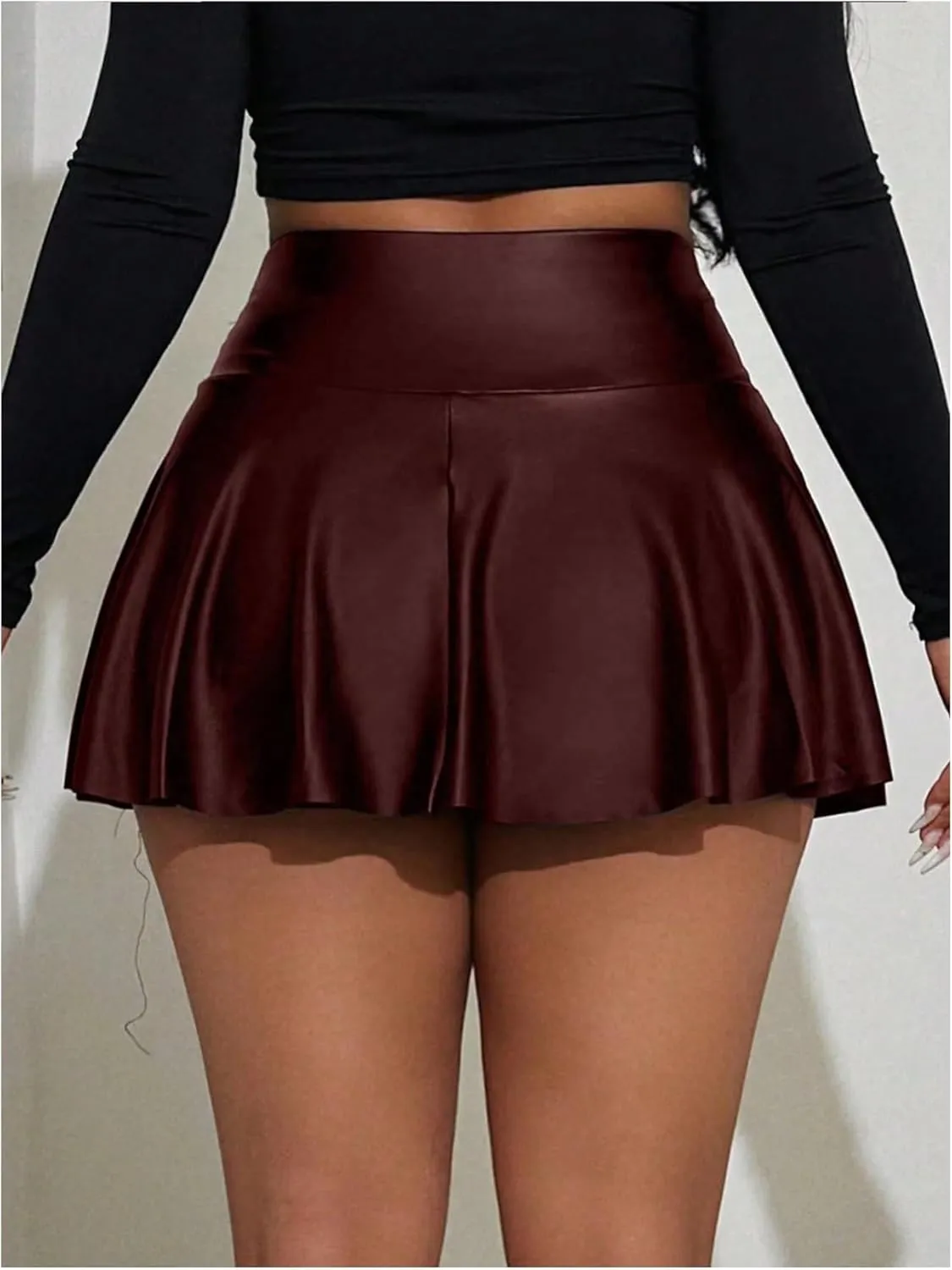 MakeMeChic Women's Faux Leather Skirt Y2K Mini Skirt Elastic High Waist A Line Flowy Skort Shorts