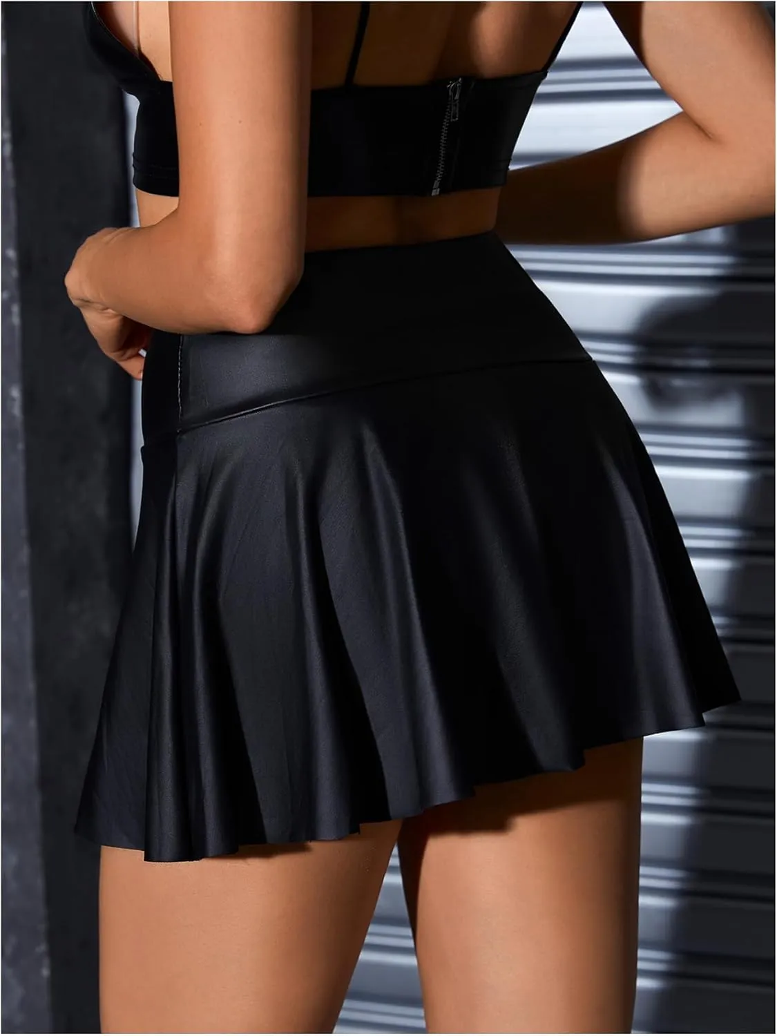 MakeMeChic Women's Faux Leather Skirt Y2K Mini Skirt Elastic High Waist A Line Flowy Skort Shorts