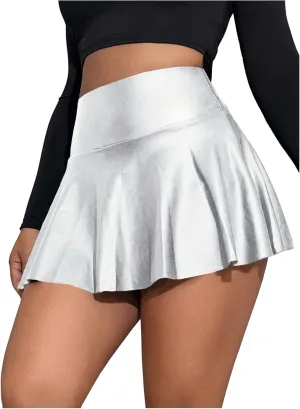 MakeMeChic Women's Faux Leather Skirt Y2K Mini Skirt Elastic High Waist A Line Flowy Skort Shorts