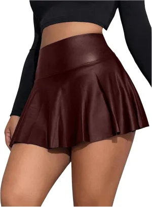 MakeMeChic Women's Faux Leather Skirt Y2K Mini Skirt Elastic High Waist A Line Flowy Skort Shorts