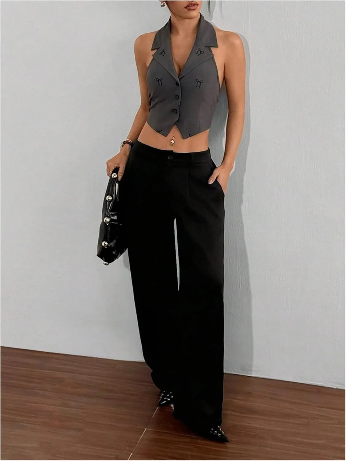 MakeMeChic Women's Halter Vest Tops Button Down Asymmetrical Hem V Neck Sleeveless Crop Vest