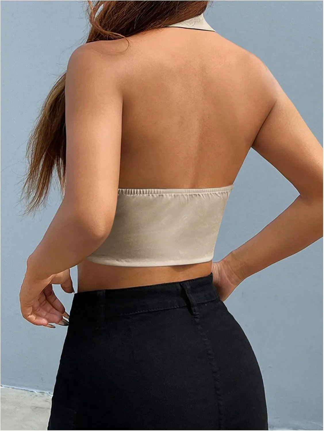MakeMeChic Women's Halter Vest Tops Button Down Asymmetrical Hem V Neck Sleeveless Crop Vest