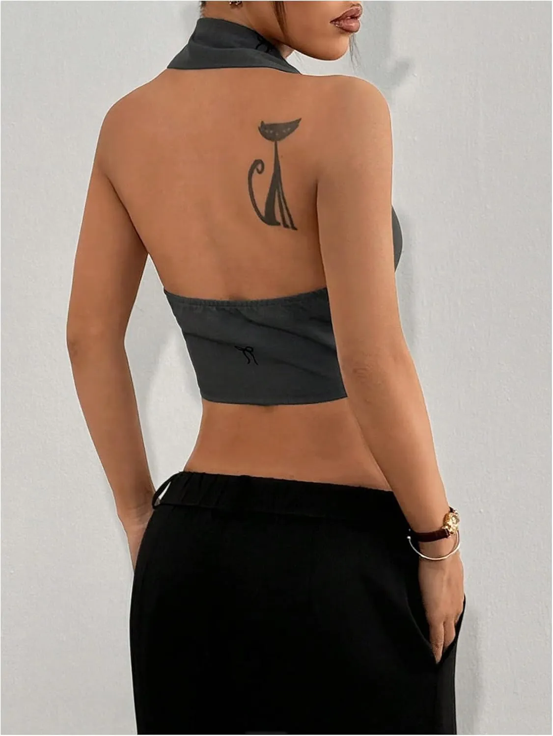 MakeMeChic Women's Halter Vest Tops Button Down Asymmetrical Hem V Neck Sleeveless Crop Vest