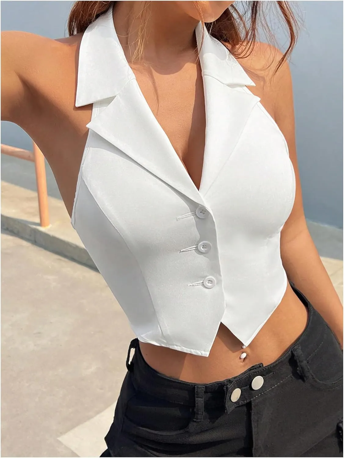 MakeMeChic Women's Halter Vest Tops Button Down Asymmetrical Hem V Neck Sleeveless Crop Vest