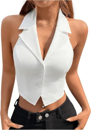 MakeMeChic Women's Halter Vest Tops Button Down Asymmetrical Hem V Neck Sleeveless Crop Vest