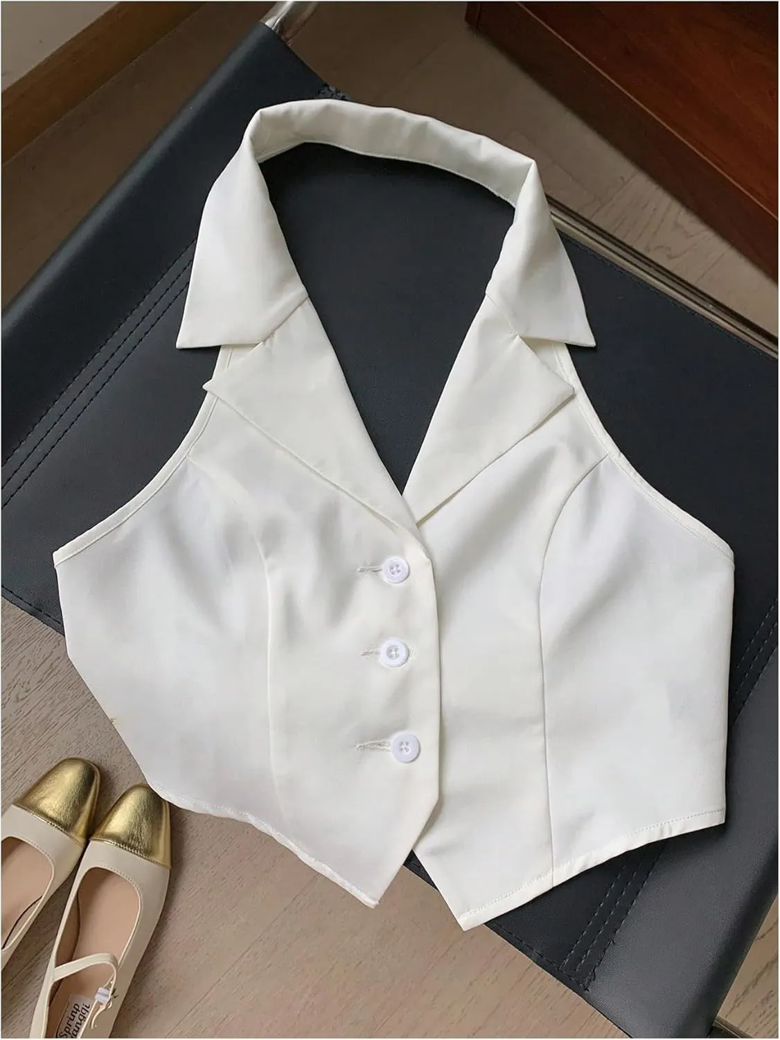 MakeMeChic Women's Halter Vest Tops Button Down Asymmetrical Hem V Neck Sleeveless Crop Vest