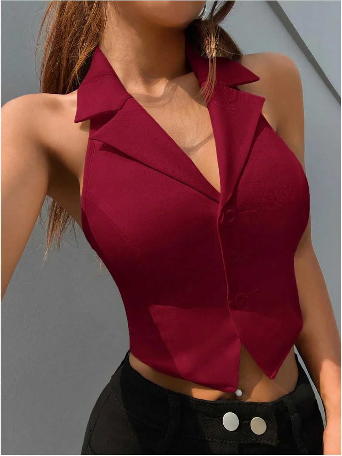MakeMeChic Women's Halter Vest Tops Button Down Asymmetrical Hem V Neck Sleeveless Crop Vest