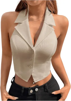 MakeMeChic Women's Halter Vest Tops Button Down Asymmetrical Hem V Neck Sleeveless Crop Vest