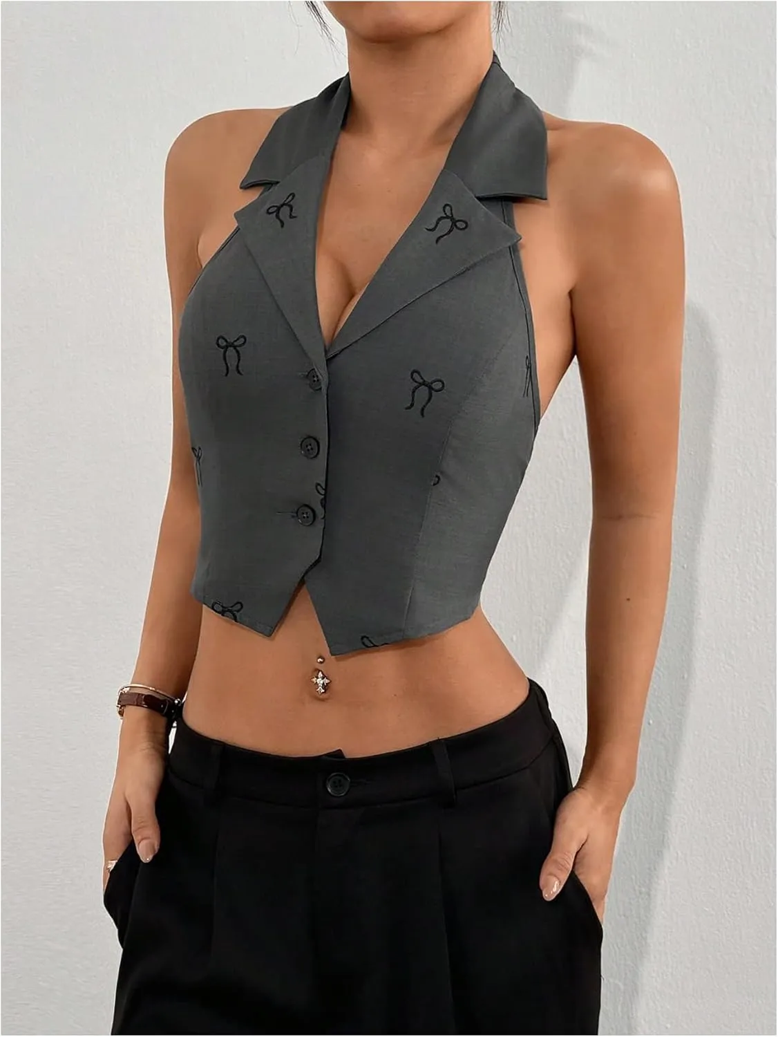 MakeMeChic Women's Halter Vest Tops Button Down Asymmetrical Hem V Neck Sleeveless Crop Vest