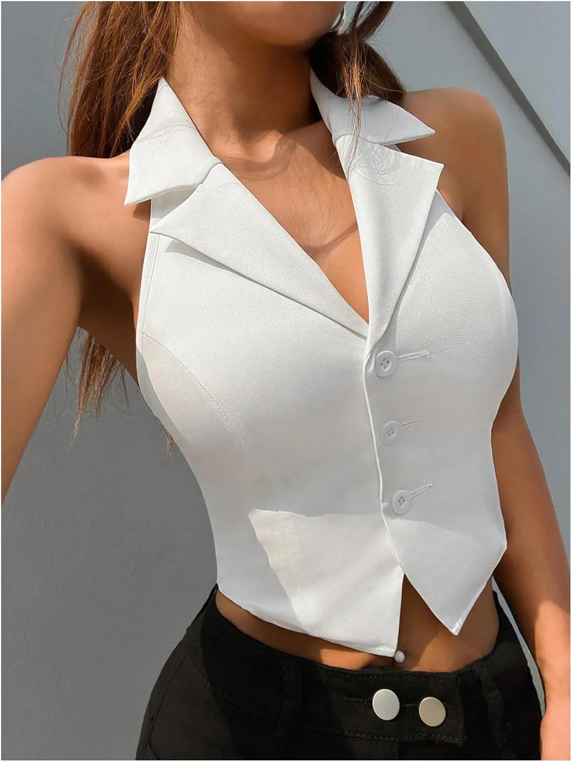 MakeMeChic Women's Halter Vest Tops Button Down Asymmetrical Hem V Neck Sleeveless Crop Vest