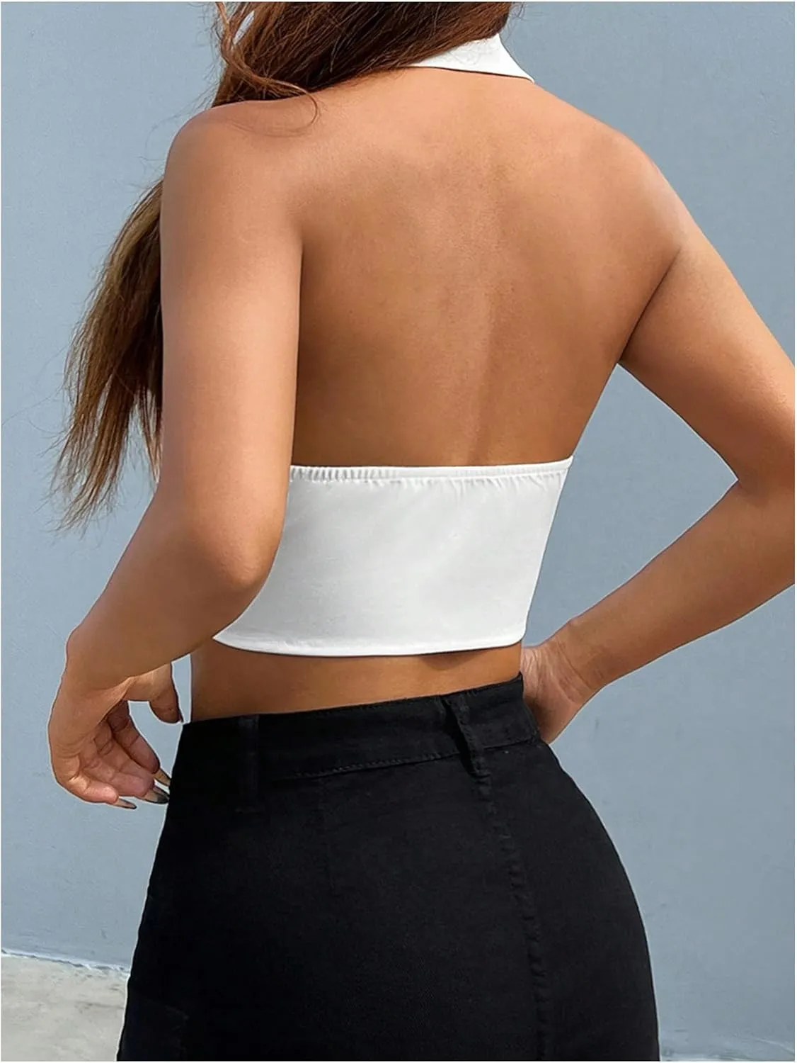 MakeMeChic Women's Halter Vest Tops Button Down Asymmetrical Hem V Neck Sleeveless Crop Vest