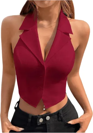 MakeMeChic Women's Halter Vest Tops Button Down Asymmetrical Hem V Neck Sleeveless Crop Vest