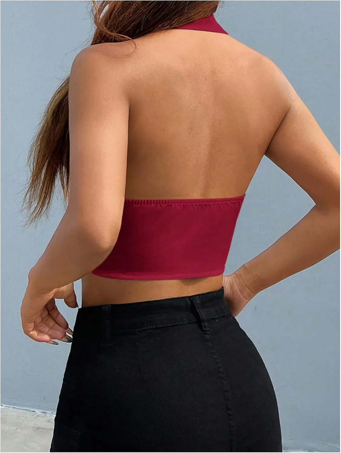 MakeMeChic Women's Halter Vest Tops Button Down Asymmetrical Hem V Neck Sleeveless Crop Vest