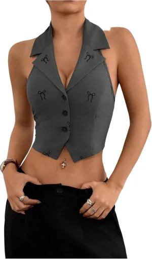 MakeMeChic Women's Halter Vest Tops Button Down Asymmetrical Hem V Neck Sleeveless Crop Vest