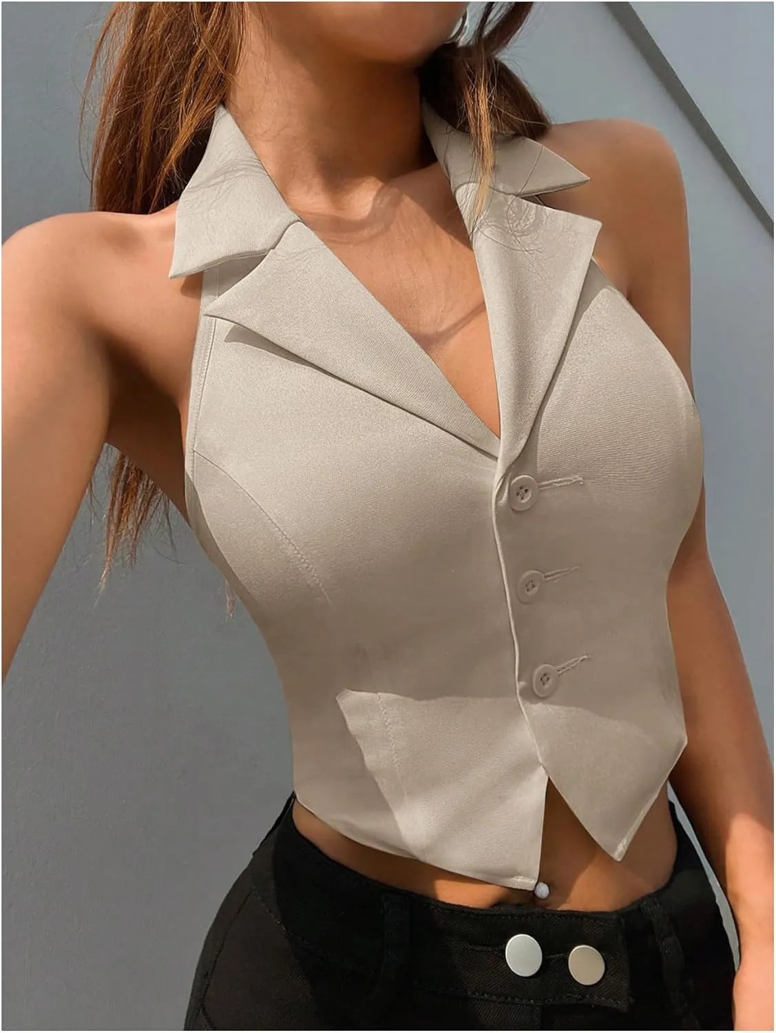 MakeMeChic Women's Halter Vest Tops Button Down Asymmetrical Hem V Neck Sleeveless Crop Vest