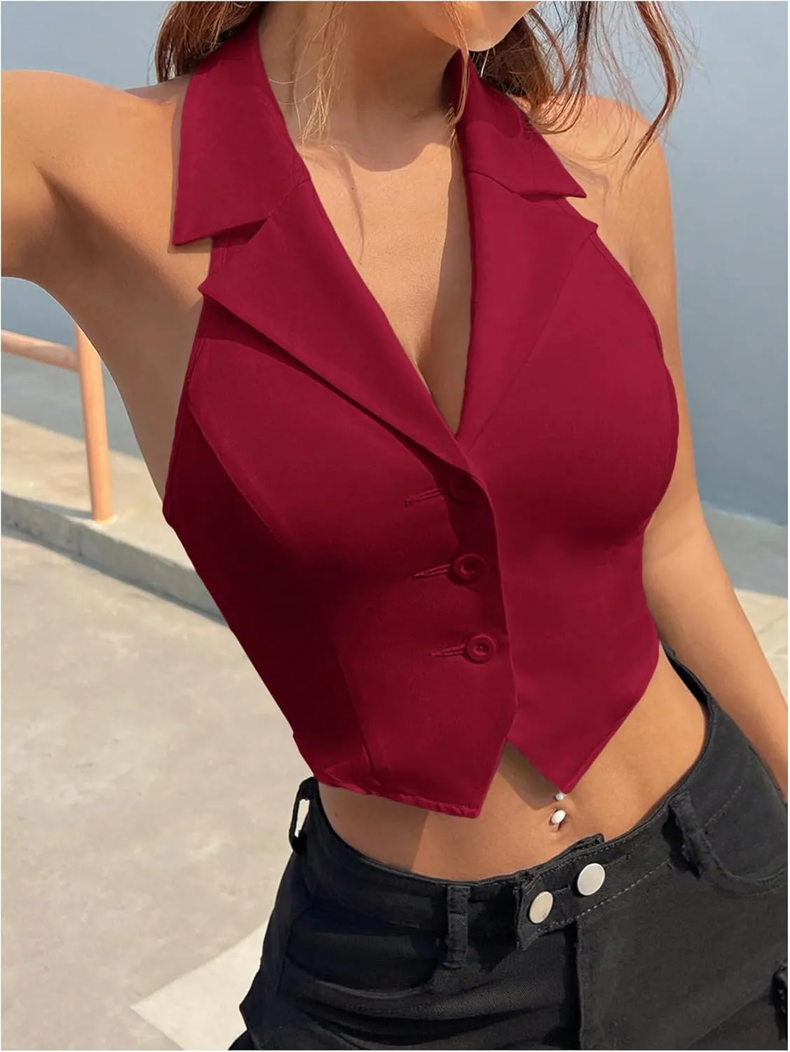 MakeMeChic Women's Halter Vest Tops Button Down Asymmetrical Hem V Neck Sleeveless Crop Vest